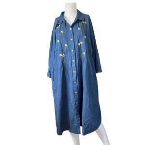 Vintage Blue Sunflower Embroidered Dress Button Front Pleated Cottagecore